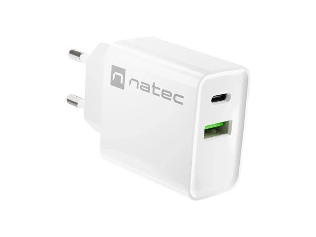 Fehér USB-A és USB-C hálózati töltő Natec Ribera 20W