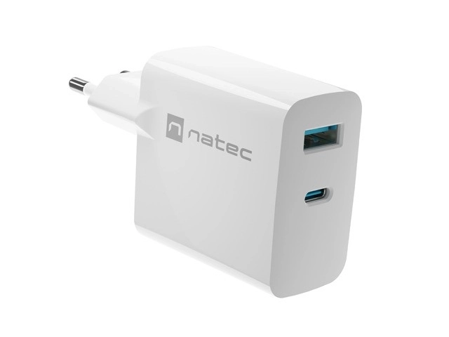 Gyors töltésű RIBERA GAN 65W töltő 1X USB-A és 1X USB-C csatlakozóval, fehér