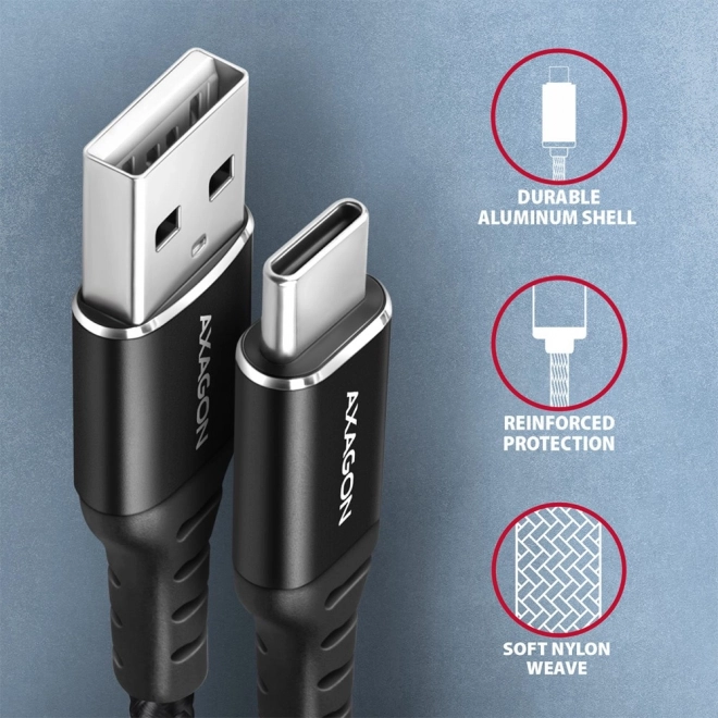 Erősített USB-C - USB-A adat- és töltőkábel alumínium végekkel, 2m