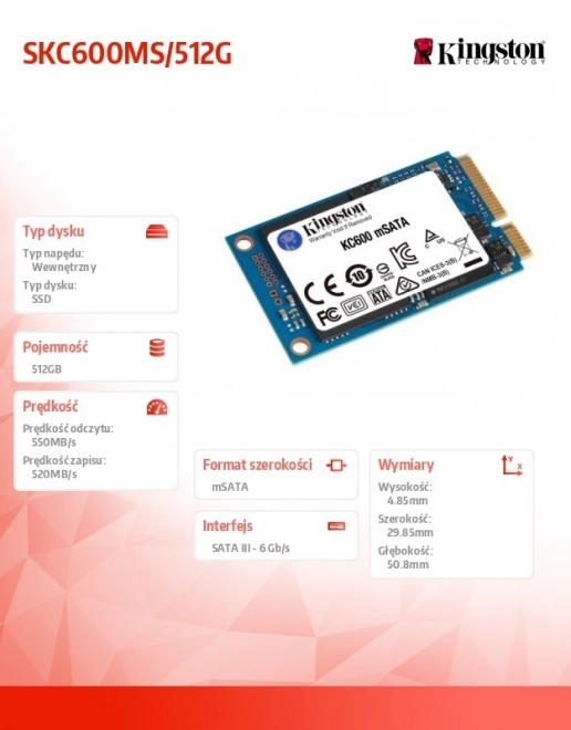 Kingston SSD lemez KC600 512GB mSATA