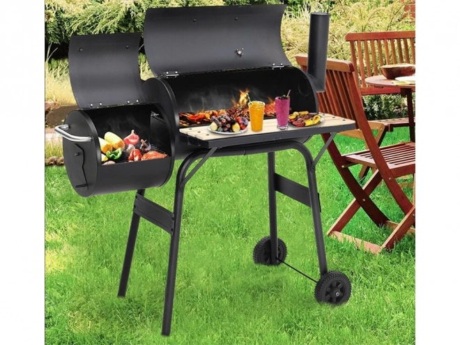 Kerti grill faszénnel és füstölővel, kerekekkel
