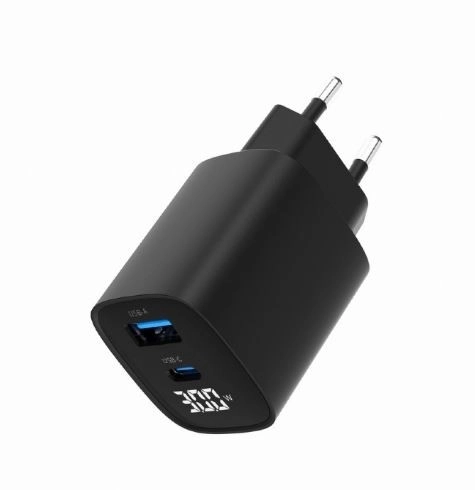 Fekete 30W-os GaN gyorstöltő LCD-vel