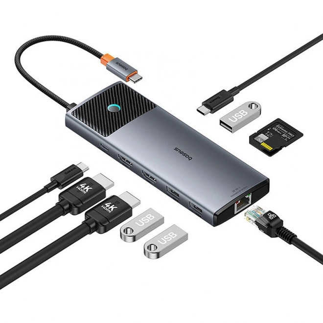 Baseus 10-az-1 adapter hub 2x HDMI, USB-C, 3x USB-A, RJ45, SD/TF, PD csatlakozásokkal szürke