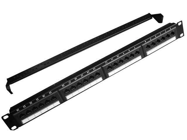 24 portos 1U 19'' patch panel kábelszervező funkcióval, fekete Kat.5e