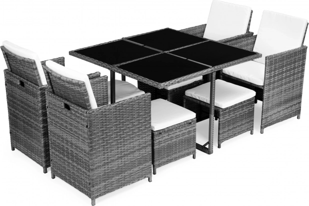 Kerti bútorkészlet rattan megjelenéssel – 4 fotel, 4 puff, MultiGarden asztal