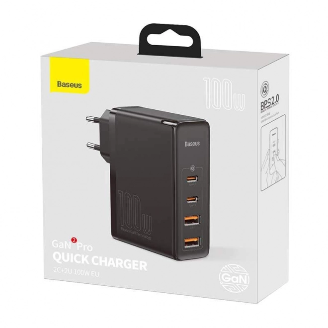 Baseus GaN2 Pro Quick 2x USB 2x USB-C, 100W, EU, utazási töltő Baseus GaN2 Pro Quick 2x USB, 100W, EU – Fekete