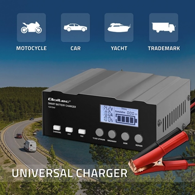 Intelligens mikroprocesszoros akkumulátortöltő 12V, 24V LCD kijelzővel