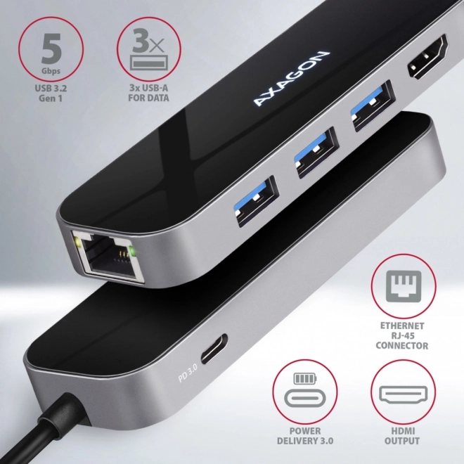 Axagon többportos USB-C hub 3x USB-A, HDMI, RJ-45, Power Delivery