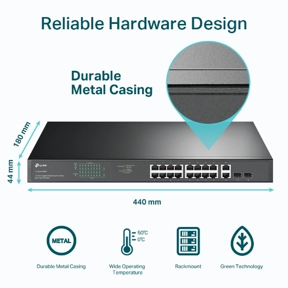 16 portos Gigabit PoE+ Switch 2 GE és 2 SFP porttal