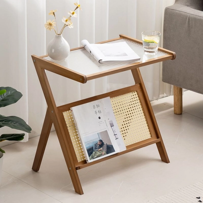 Bambusz asztal rattan polccal - sötétbarna – 55 cm