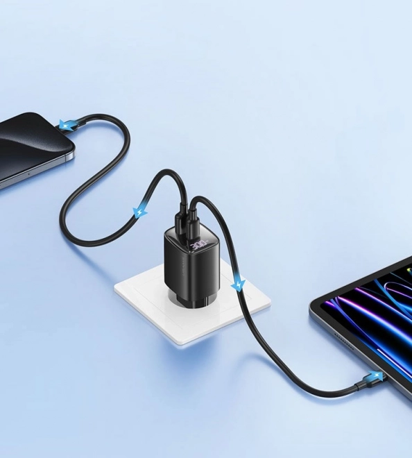 Gyors Töltő 30W GaN LED USB+USB-C - Fehér