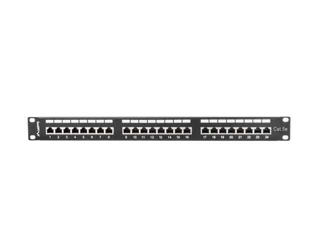 Patch panel 24 port RJ-45 fekete, árnyékolt, kategória 5e