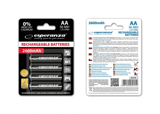 Nagy kapacitású újratölthető AA elemek - 2600mAh, fekete (4 darabos készlet)