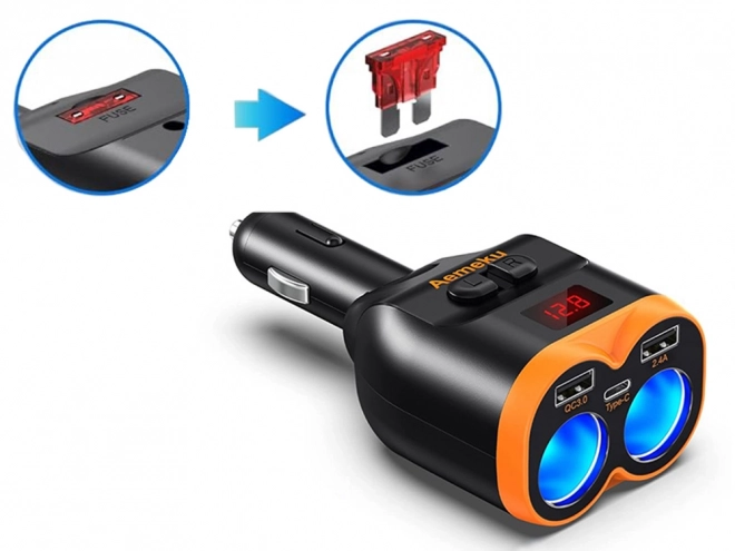Autós szivargyújtó elosztó dupla USB-A, USB-C QC 3.0 töltő