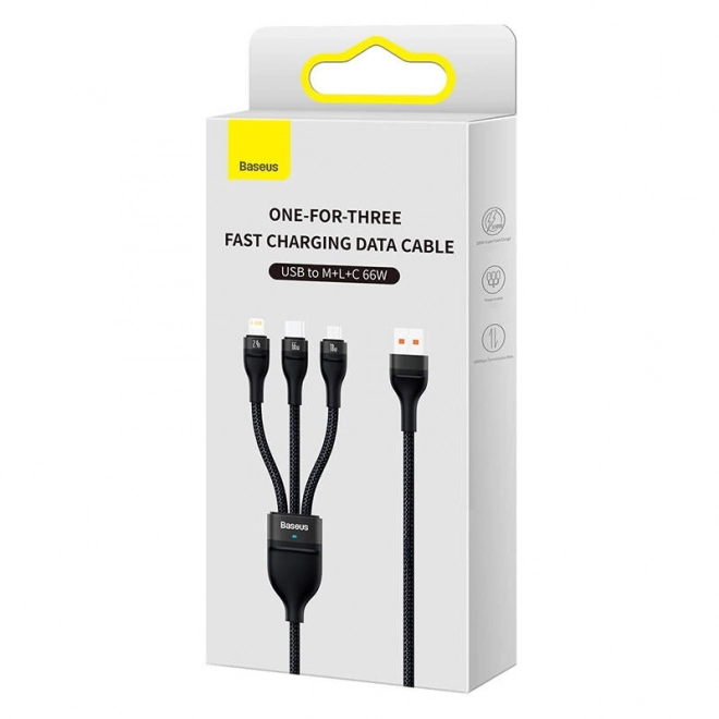 baseus flash ii 3 az 1-ben kábel usb-c, micro usb és lightning csatlakozóval, fekete, 1,2 m