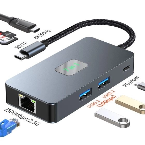 Usb C 7 az 1-ben adapter HDMI, USB, SD/TF, RJ45, PD kapcsolattal