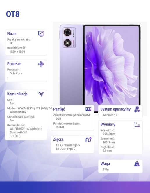 Fioletowy 11 hüvelykes tablet 4G kapcsolattal és 256GB tárhellyel