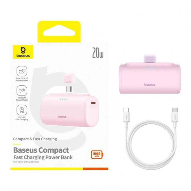 Baseus kompakt usb-c powerbank 5000mah, 20w rózsaszín