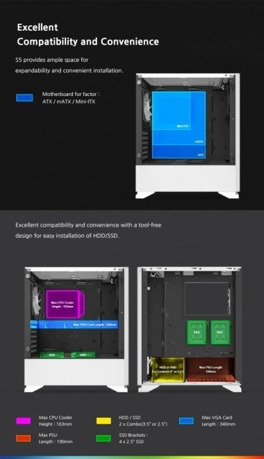 Fehér S5 ATX középtorony PC ház RGB ventilátor TG