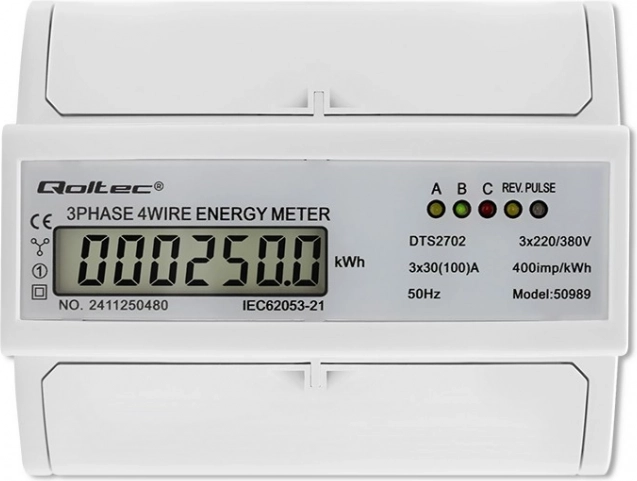 Háromfázisú kétirányú elektronikus villanyóra DIN-sínre szerelve