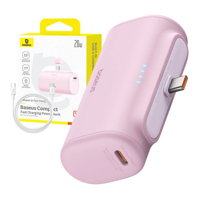 Baseus kompakt usb-c powerbank 5000mah, 20w rózsaszín