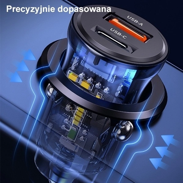 Autós töltő 30W 1xUSB és 1xUSB-C gyorstöltés Kék