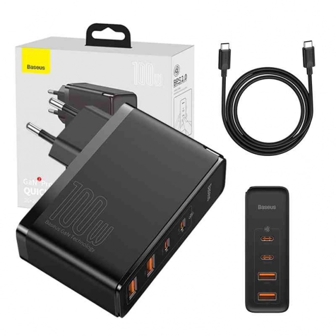 Baseus GaN2 Pro Quick 2x USB 2x USB-C, 100W, EU, utazási töltő Baseus GaN2 Pro Quick 2x USB, 100W, EU – Fekete