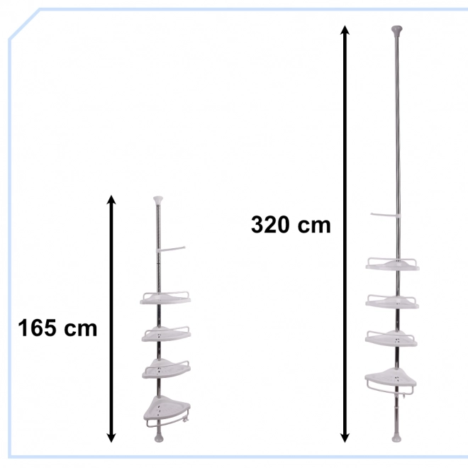 Sarok fürdőszobai teleszkópos polc zuhany alá, 4 polccal, állítható magasság 165-320 cm