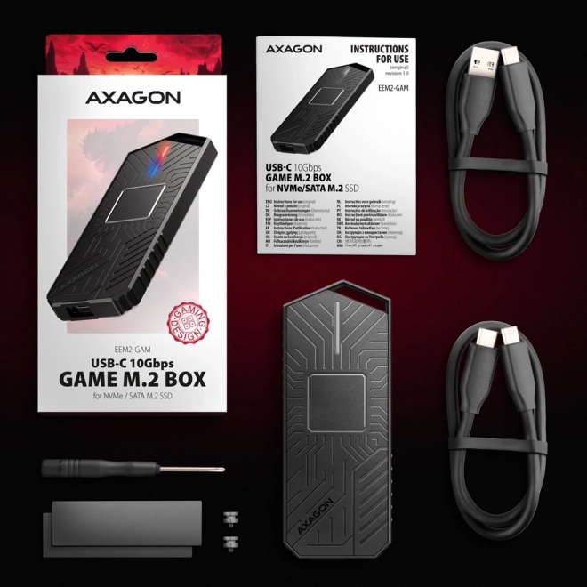 Gaming külső ház USB-C 3.2 Gen 2 M.2 NVMe/SATA SSD