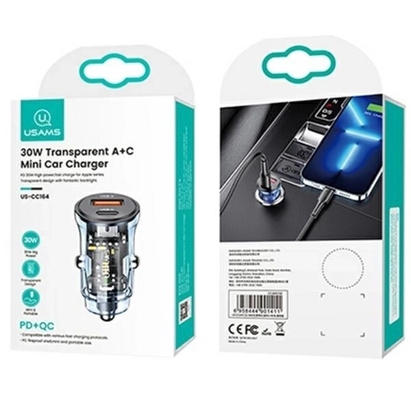 Autós töltő 30W 1xUSB és 1xUSB-C gyorstöltés Kék