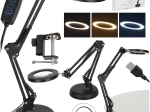 Asztali LED lámpa nagyítóval és állítható karral, 2 rögzítési lehetőség