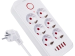 Túlfeszültség-védett hosszabbító elosztó 6 aljzattal és 5× USB-vel (4× USB‑A, 1× USB‑C), 2500 W, fehér