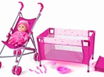 WOODY Gyermek szett babakocsival és kisággyal