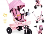 Rózsaszín gyerek háromkerekű babakocsi forgatható üléssel és vezetőrúddal ECOTOYS