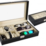 Fekete óra- és szemüvegtartó üvegfedéllel és kulcsos zárral