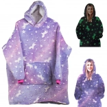 Ragyogó oversize pulóver–takaró kapucnival, lila unikornis mintával